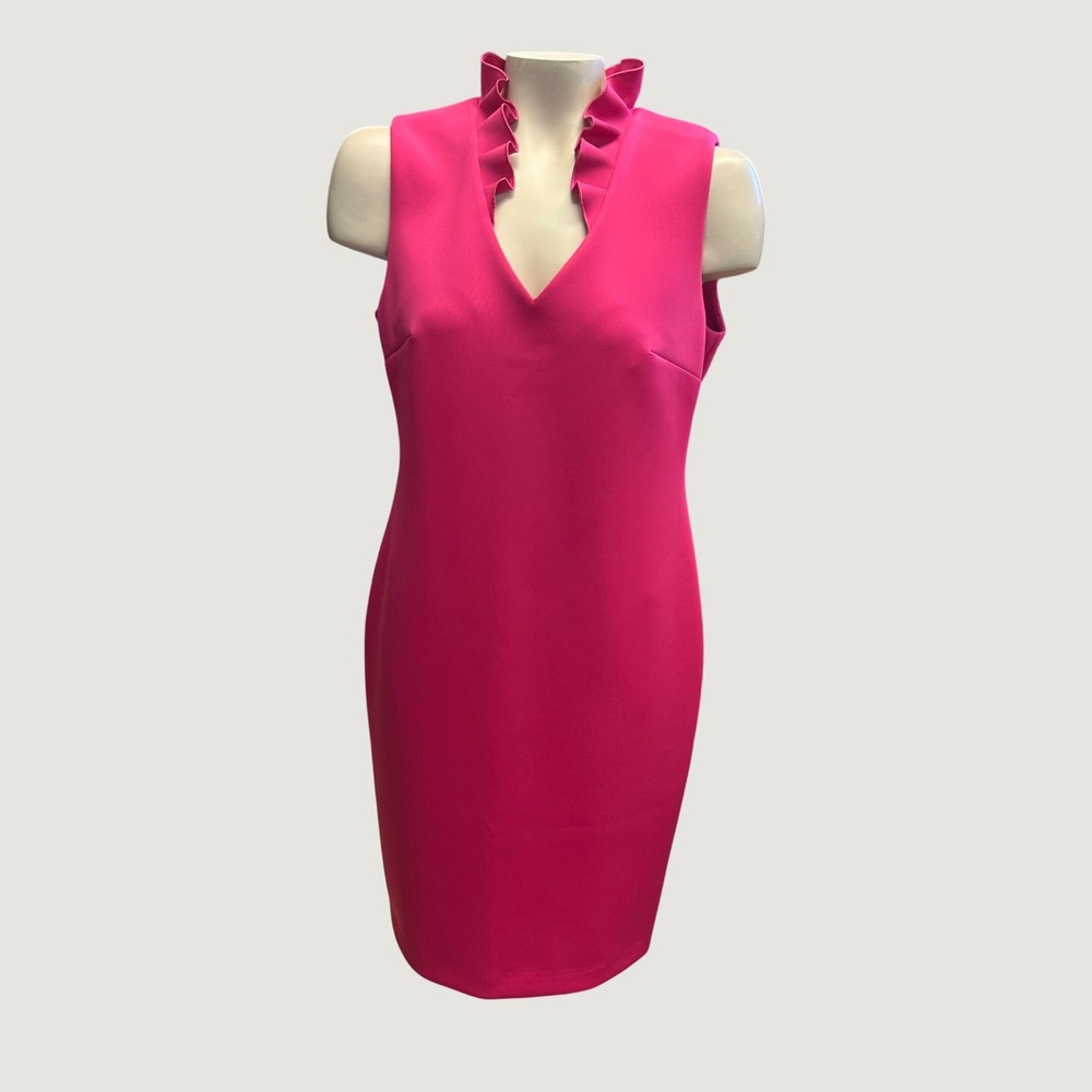Calvin Klein Sheath Dress Sz 10 Pink Fucshia NWT Ruffle Neck Sleeveless Cocktail
